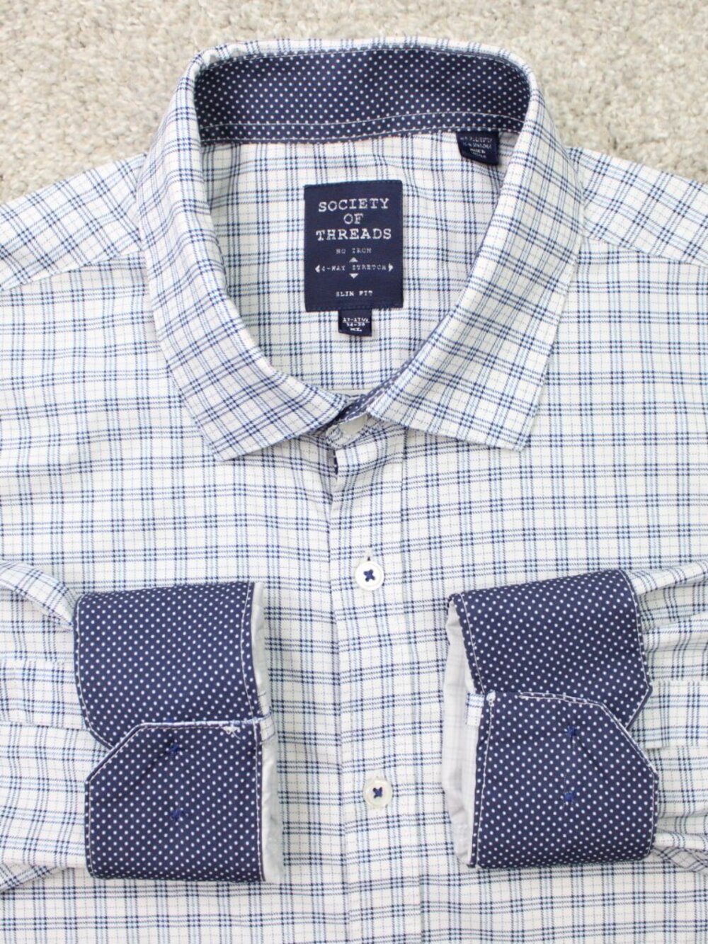Society of Threads Shirt Mens XL Blue Slim Fit 4 Way Stretch No Iron Long Sleeve